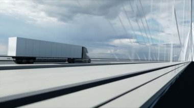 Köprüde gelecekteki elektrikli kamyonun 3D modeli. Elektrikli otomobil. Gerçekçi 4k animasyonu.