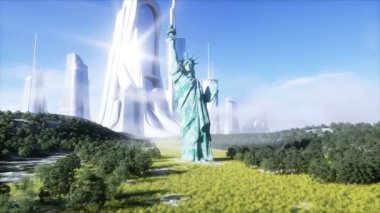 Gelecekçi şehir ve özgürlük heykeli. Gelecek konsepti. Hava görüntüsü. Gerçekçi 4k animasyonu.