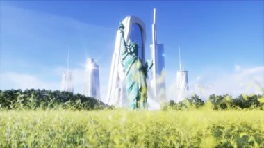 Gelecekçi şehir ve özgürlük heykeli. Gelecek konsepti. Hava görüntüsü. Gerçekçi 4k animasyonu.