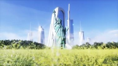 Gelecekçi şehir ve özgürlük heykeli. Gelecek konsepti. Hava görüntüsü. Gerçekçi 4k animasyonu.