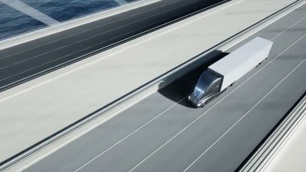 3D μοντέλο φουτουριστικό ηλεκτρικό φορτηγό στη γέφυρα. Ηλεκτρικό αυτοκίνητο. Ρεαλιστικό animation 4k. — Αρχείο Βίντεο
