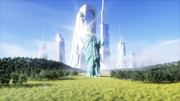 Ciudad futurista y estatua de la libertad. Concepto futuro. Vista aérea. Animación realista 4k . — Vídeo de stock