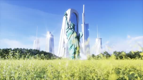 Gelecekçi şehir ve özgürlük heykeli. Gelecek konsepti. Hava görüntüsü. Gerçekçi 4k animasyonu. — Stok video