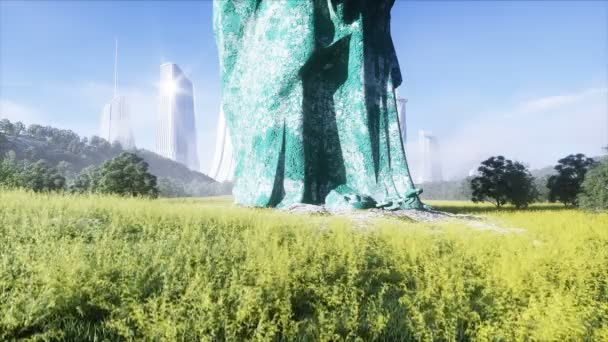 Futuristisk stad och frihetsstaty. Framtida koncept. Flygfoto. Realistisk 4k-animation. — Stockvideo