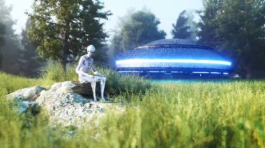 Ormanda oturan komik uzaylı. Gerçekçi 4k animasyonu.