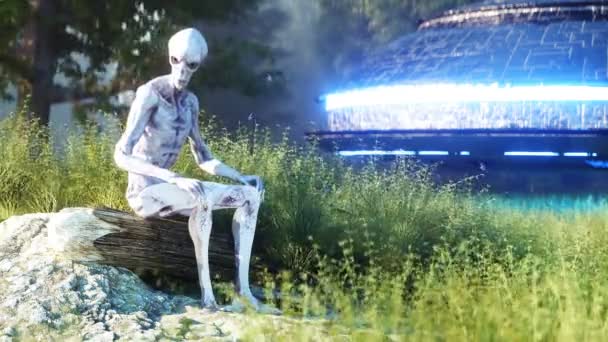 Extraño alienígena sentado en el bosque. Animación realista 4k . — Vídeos de Stock