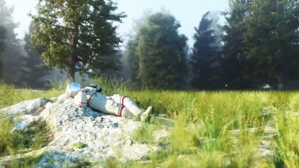 Astronauta ociosa en el bosque. Animación realista 4k . — Vídeo de stock