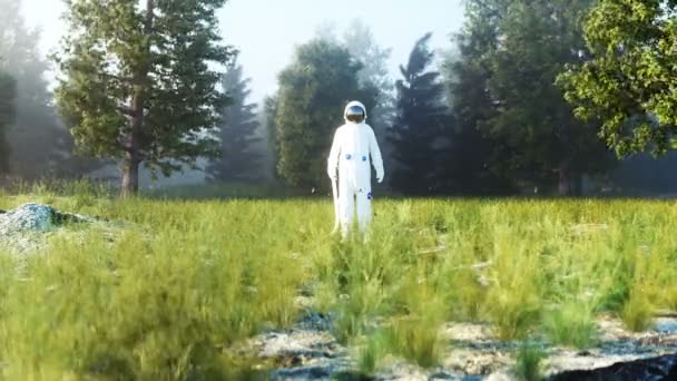 Astronot ormanda başıboş dolaşıyor. Gerçekçi 4k animasyonu. — Stok video