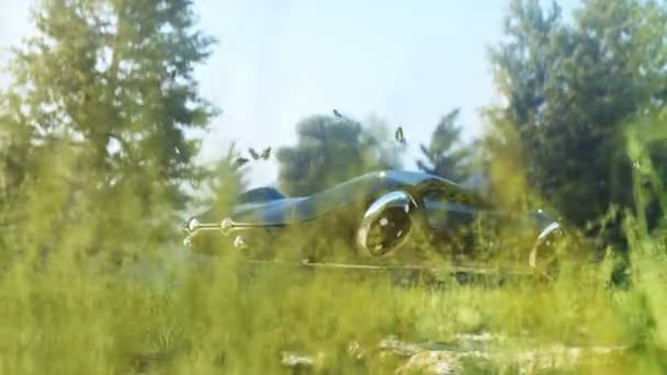 Futurystyczny latający samochód w lesie. Koncepcja przyszłości. Realistyczna animacja 4k. — Wideo stockowe