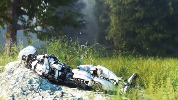 Robot futurista macho ocioso en el bosque. Concepto de futuro. Animación realista 4k . — Vídeo de stock