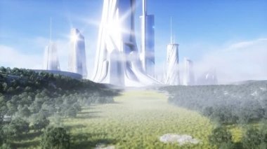 Gelecekçi şehir. Gelecek konsepti. Hava görüntüsü. Gerçekçi 4k animasyonu.