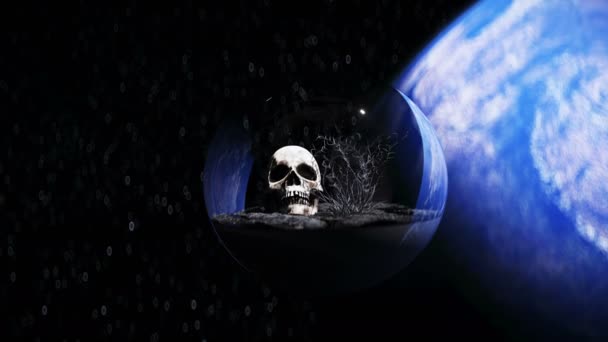 Human skull in outer space in glass sphere. Apocalypse ecology concept. 4k animation. — Stock Video