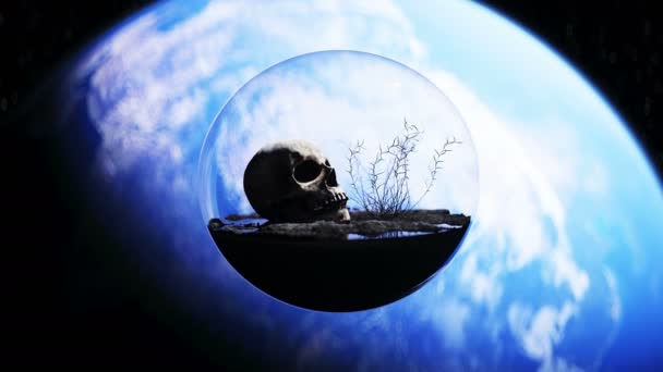 Mänsklig skalle i yttre rymden i glassfär. Apokalyps ekologi koncept. 4k animation. — Stockvideo