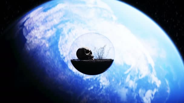 Human skull in outer space in glass sphere. Apocalypse ecology concept. 4k animation. — Stock Video