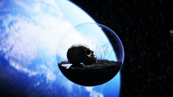 Crâne humain dans l'espace extérieur dans la sphère de verre. Apocalypse concept d'écologie. Animation 4k. — Video