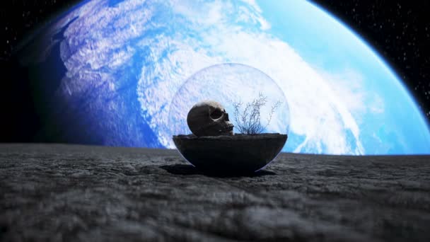 Craniu uman în spațiul cosmic în sfera de sticlă. Conceptul de ecologie Apocalipsa. 4k animație . — Videoclip de stoc