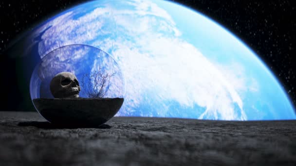 Cráneo humano en el espacio exterior en esfera de vidrio. Concepto de ecología del Apocalipsis. Animación 4k . — Vídeo de stock