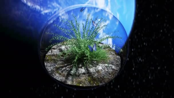 Gras in glazen bol in de ruimte. Ecologisch concept. 3d destructie. — Stockvideo