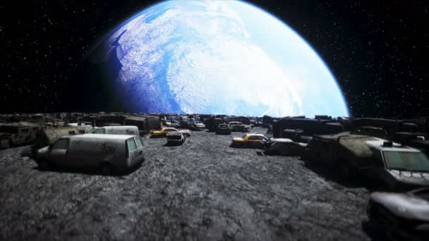 Auto dumpen op de maan. Ecologisch concept. 3d destructie. — Stockvideo