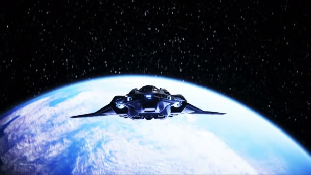 Космічний корабель у космосі. Земляний фон. 3D візуалізація . — стокове відео