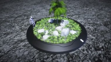Vaha 'da Ay' da bir uzaylı. Ufo konsepti. 3d oluşturma.