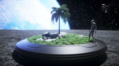 Vaha 'da Ay' da bir uzaylı. Ufo konsepti. 3d oluşturma.