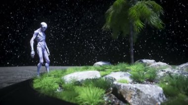 Vaha 'da Ay' da bir uzaylı. Ufo konsepti. 3d oluşturma.