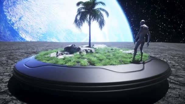 Idegen a Holdon, oázisban. Ufo koncepció. 3D-s renderelés. — Stock videók