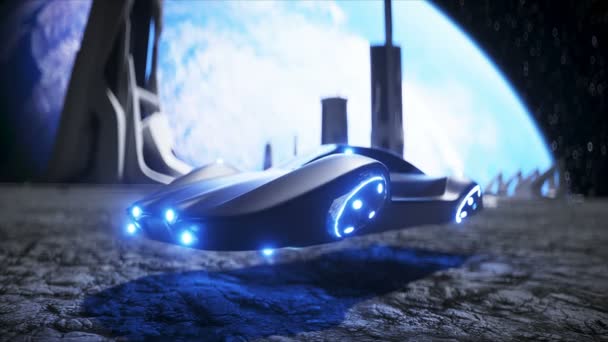 Fliegendes Auto in der Stadt auf dem Mond, Basis, Kolonie. 3D-Darstellung. — Stockvideo
