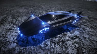 Ay 'da, üste, kolonide uçan araba. 3d oluşturma.