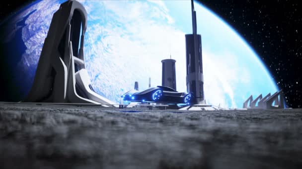 Latający samochód w Mieście na Księżycu, baza, kolonia. 3d renderowanie. — Wideo stockowe