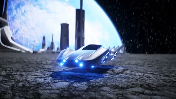 月、基地、植民地で市内を飛ぶ車。3Dレンダリング. — ストック動画