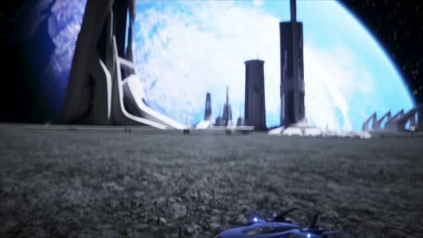 Fliegendes Auto in der Stadt auf dem Mond, Basis, Kolonie. 3D-Darstellung. — Stockvideo