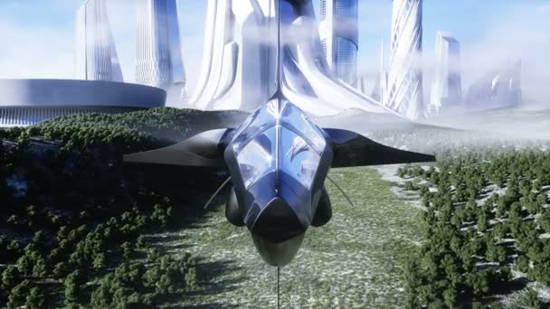 Nave espacial futurista y estatua de la libertad. Concepto futuro. Vista aérea. Animación realista 4k . — Vídeo de stock