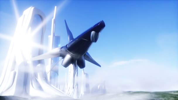Futuristisches Raumschiff und Freiheitsstatue. Zukunftskonzept. Luftaufnahme. Realistische 4k-Animation. — Stockvideo