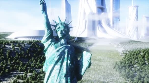 Futuristic spaceship and statue of liberty. Future concept. Aerial view. Realistic 4k animation. — Stock Video