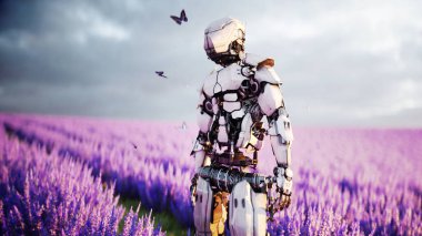 Askeri robot, lavanta tarlasında silahlı bir cyborg. Gelecek konsepti. 3d oluşturma.