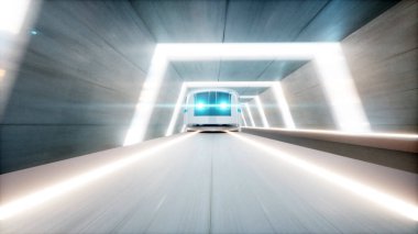 Fütürist modern tren, monoray sürüşü bilim kurgu tüneli, koridor. Gelecek kavramı. 3d oluşturma.