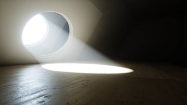 Yuvarlak pencereli gelecek odası. Ses ötesi ışık. Gelecek konsepti. 3B Hazırlama,