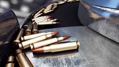 Mermi üretim süreci. Sanayi konsepti. Fabrika ekipmanı ve macin. Çelik. 3d oluşturma.