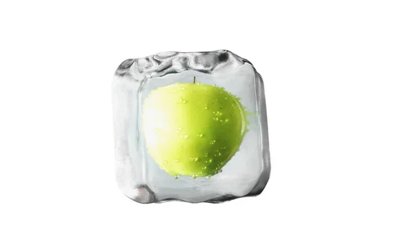Äpfel in Eiswürfeln. Essens- und Sendekonzept. Realistische Eismaterialien. 3D-Darstellung. — Stockfoto