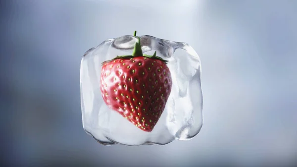 氷のキューブにイチゴ。食べ物と放送の概念。現実的な氷の材料。3Dレンダリング. — ストック写真