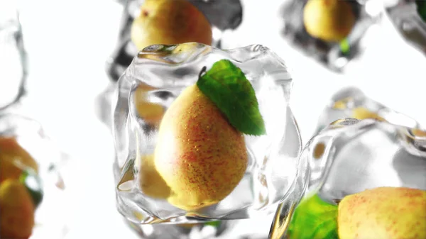 氷のキューブに梨。食べ物と放送の概念。現実的な氷の材料。3Dレンダリング. — ストック写真