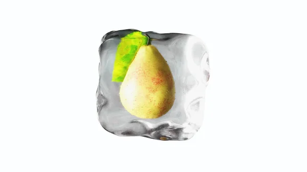 Päron i isbitar. Mat och sändningskoncept. Realistiska ismaterial. 3d-konvertering. — Stockfoto