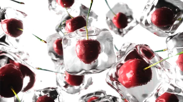 氷のキューブにチェリー。食べ物と放送の概念。現実的な氷の材料。3Dレンダリング. — ストック写真