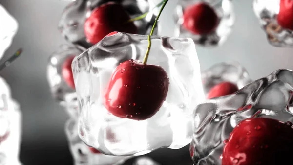 Cereza con hielo. Comida y concepto de difusión. Materiales de hielo realistas. renderizado 3d . —  Fotos de Stock