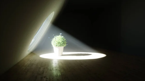 Futuristic room with flower pot and butterflyes around. Volumetric light. Future concept. 3D Rendering,