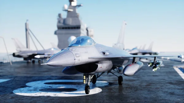 Jet f16, jaktplan på hangarfartyg till havs. Krig och vapenkoncept. 3d-konvertering. — Stockfoto