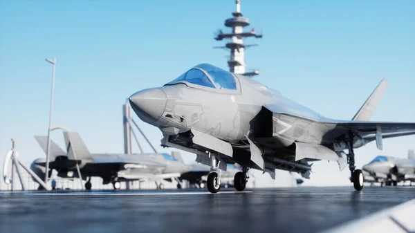 Jet f35, myśliwiec na lotniskowcu na morzu, ocean. Wojna i koncepcja broni. 3d renderowanie. — Zdjęcie stockowe
