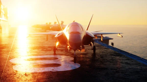Jet F35, caça no porta-aviões no mar, oceano. Conceito de guerra e armas. Renderização 3d . — Fotografia de Stock
